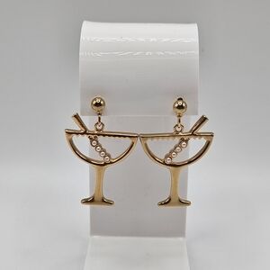VINTAGE Avon Gold Tone New Years Martini Cocktail Drink Dangle Earrings 1992